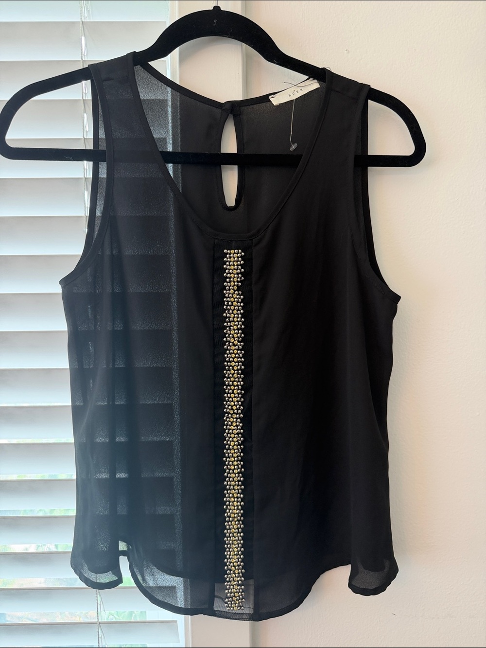 Lush Black Sleeveless Camisole with Gold Beaded Trim